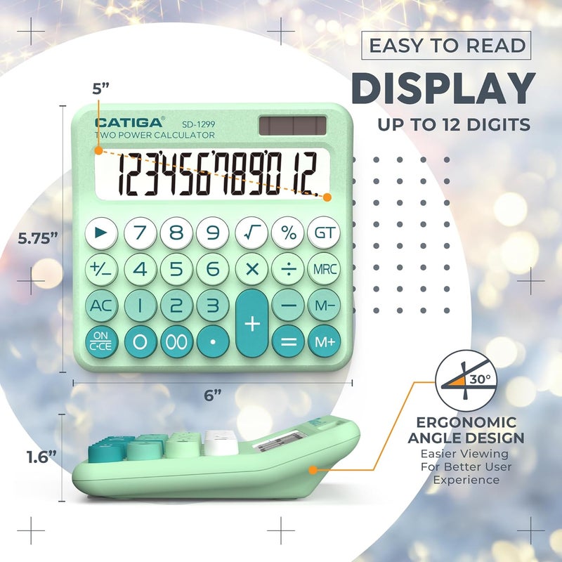 CATIGA Mechanical Switch Calculator with Solar and Battery Dual Power, 12-Digit Large LCD Display, Aesthetic and Cute Desktop Calculator with Big Button, for Home, School and Office Use, SD-1299 - Image 4